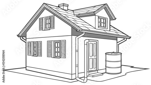 Illustration of a two story house with a gable roof, shutters, and a rain barrel next to the door