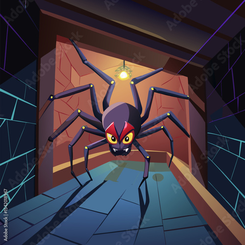 Spider Lurking in a Dark Corner Vector Illustration