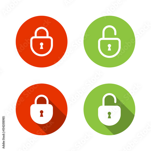 Lock and unlock padlock icon with long shadow. Data encryption sign symbol