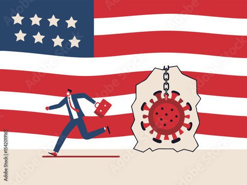 Virus disease outbreak protection failure, COVID-19 virus destroy and break the wall into USA concept, wrecking ball as COVID-19 pathogen destroy United States America flag wall, business man run away