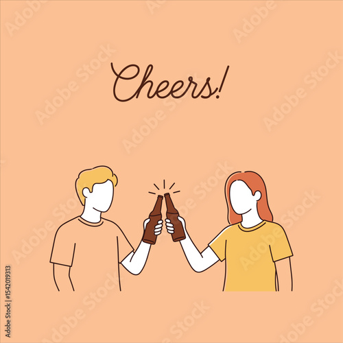 Cheers! Cartoon Illustration of Friends Toasting with Beer Bottle. Hand drawn style vector design illustrations.