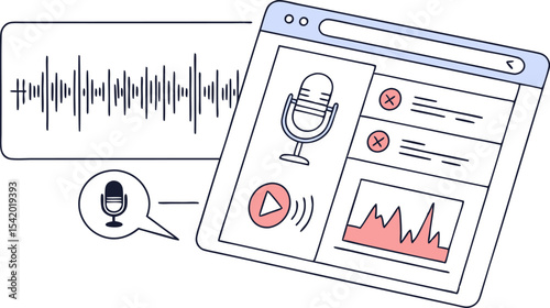 Illustration showing a podcasting interface with microphone, waveform, and play button on a browser window