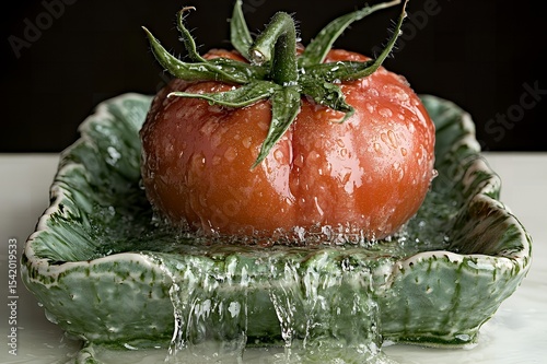 Juicy Ripe Tomato on Green Ceramic Dish with Water Cascading Down