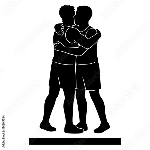 Silhouette of two men hugging vector illustration friendship love support team success celebration 100