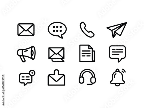 Twelve Black Outline Communication Icons Set Email Message Phone Paper Airplane Megaphone Document Chat Headset Bell Notification