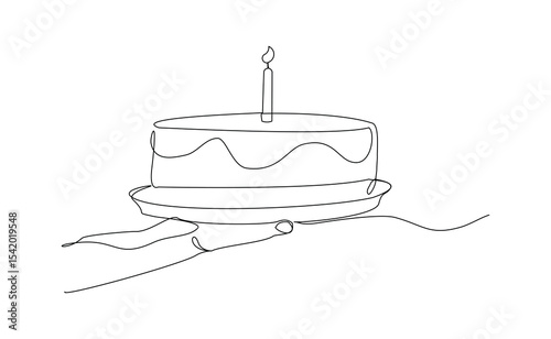 Continuous line of people hand holding creamy sweet birthday cake with candle and topping. Traditional birthday bakery dessert for party. Editable stroke sketch drawing vector illustration