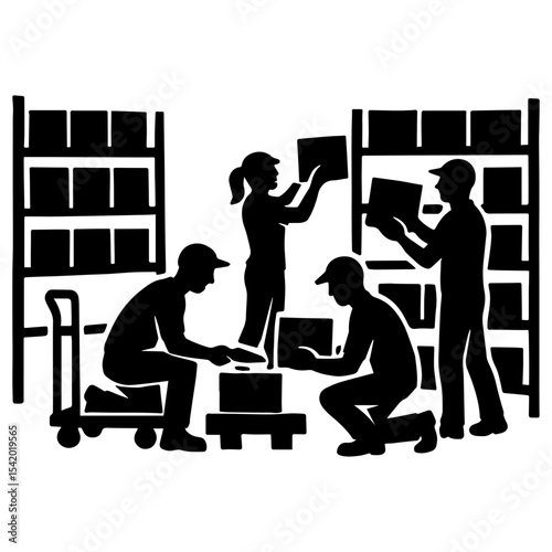 Illustration of warehouse workers inventory management and order fulfillment process in silhouette style