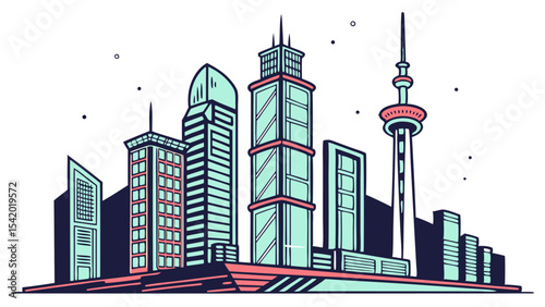Illustration of a cityscape with various buildings and a tall tower against a white background sky