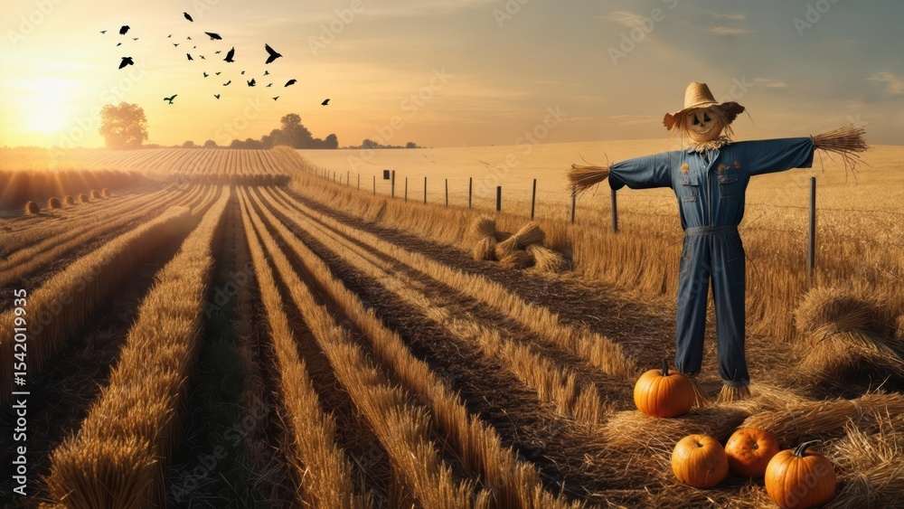 Fototapeta premium A festive autumnal scarecrow adorned with a hat and pumpkins in a wheat field during sunset, accompanied by several crows.