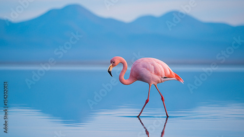 Solitary flamingo wading through still waters under soft morning light with distant blue mountains, highlighting the beauty of nature, minimalism, and peaceful wildlife photography photo