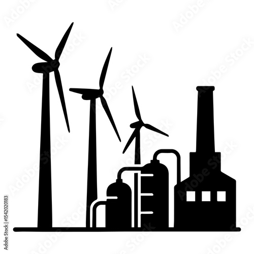 Wind turbines and factory silhouette vector illustration renewable energy and industry graphic design 100