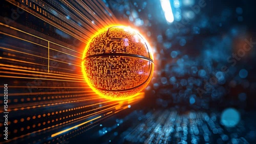 Glowing digital basketball with abstract data streams. Concept of esports, future game, virtual sport, and digital technology footage.