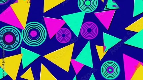 Geometric Burst: An eye-catching pattern of colorful shapes, including triangles and circles, dance across a vivid background. Perfect for adding a pop of energy and visual interest to any design.