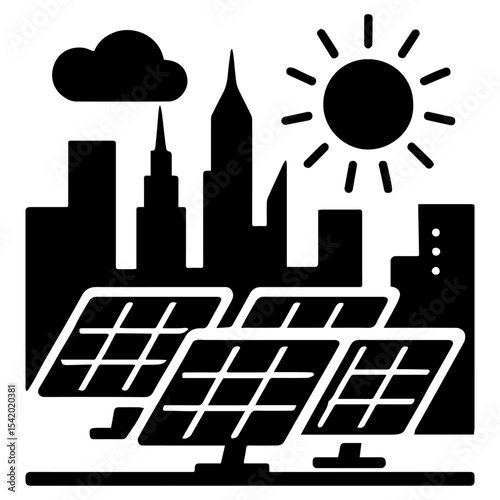 Solar panels in city skyline illustration renewable energy sustainable power clean environment eco friendly