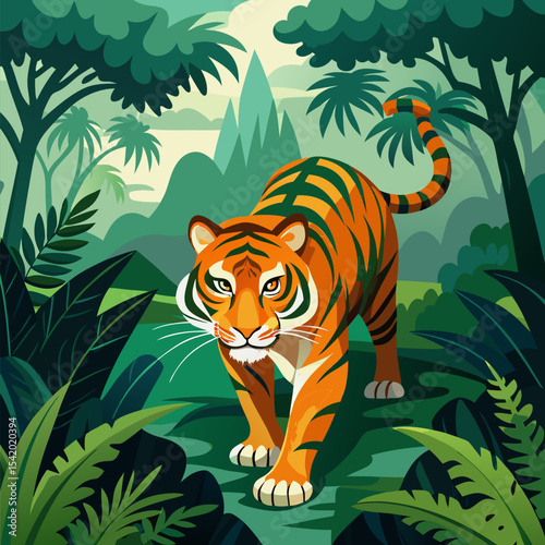 Tiger Prowling Through the Misty Jungle Illustration, Majestic Wildlife Scene Depicting Nature, Adventure, Mystery, and Predatory Animal in Vector Design