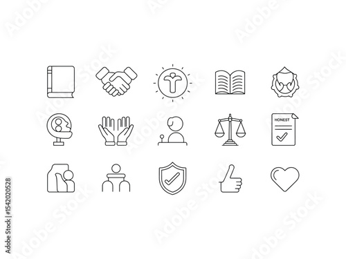 Black Line Icons Set Ethics Morality Values Honesty Trust Teamwork Justice Faith Religion Book Hands Heart Shield Thumbs Up