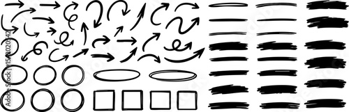 Set of black marker-style arrows, circles, squares, and highlighter strokes. Ideal for infographics, notes, or web annotations. Isolated on transparent background. Vector EPS 10