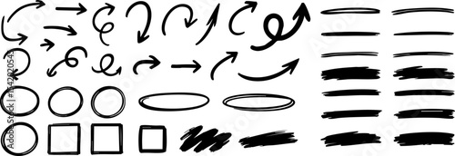 Set of black marker-style arrows, circles, squares, and highlighter strokes. Ideal for infographics, notes, or web annotations. Isolated on transparent background. Vector EPS 10