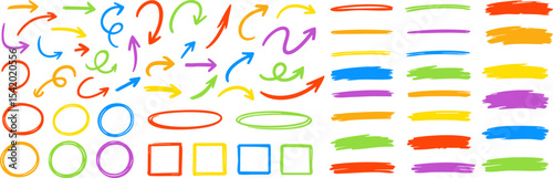 Set of bright multicolored marker-style arrows, circles, squares, and highlighter strokes. Perfect for educational designs, notes, or digital annotations on transparent background. Vector EPS 10