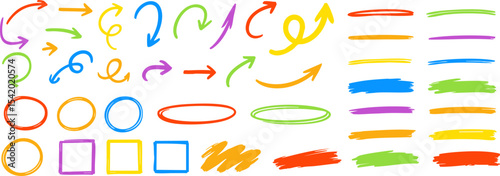 Set of bright multicolored marker-style arrows, circles, squares, and highlighter strokes. Perfect for educational designs, notes, or digital annotations on transparent background. Vector EPS 10