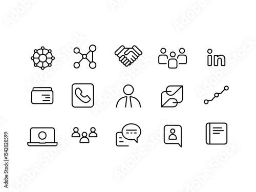 Black Line Icons Set Networking Business Communication Social Media Laptop Phone Group People Handshake Linked In Profile Notebook