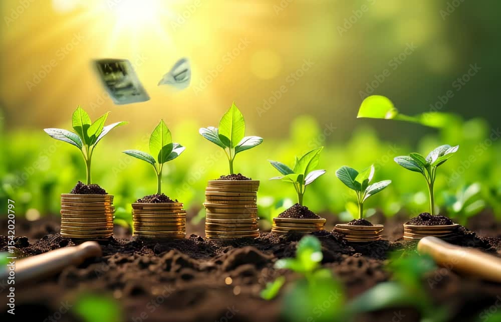 Young plants. Golden coins. Financial growth. Investment concept. Nature background. Business success. Environment friendly. Green economy. Money flying. Digital illustration. Marketing material. Edu