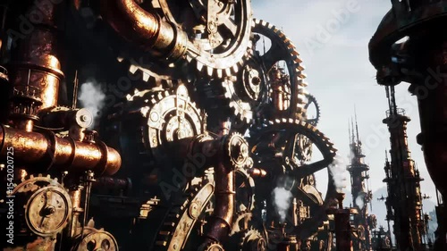Clockwork City Dawn, Steampunk Gears, Industrial Landscape