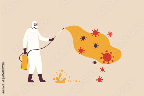 COVID-19 Coronavirus disinfect, clean and kill virus pathogen prevent outbreak spreading concept, worker with protective gear spray the cleaning sanitize chemical to disinfect COVID-19 virus pathogen