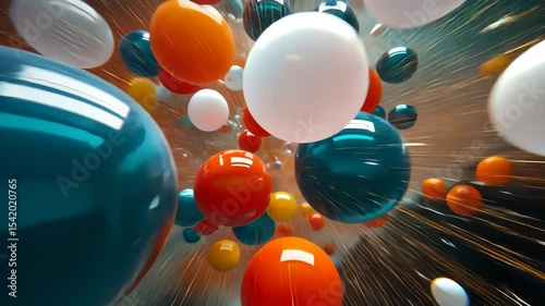 Bright colorful abstract balls flying towards the viewer. Motion blur effect for fast movement concept. Bubble energy background footage.