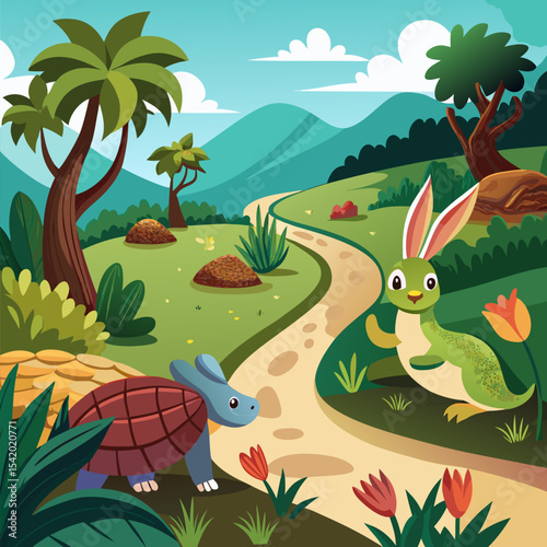 Turtle Racing a Hare on a Winding Forest Path Illustration, Whimsical Animal Race Scene Depicting Fun, Adventure, Nature, and Classic Fable in Vector Design