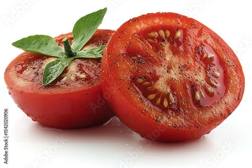 Two Slices of Juicy Red Tomatoes with Basil Garnish Perfectly Seasoned and Ready to Eat