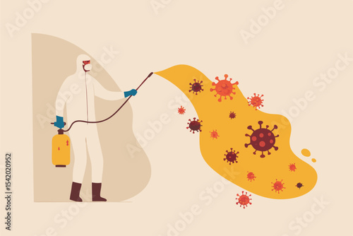 COVID-19 Coronavirus disinfect, clean and kill virus pathogen prevent outbreak spreading concept, worker with protective gear spray the cleaning sanitize chemical to disinfect COVID-19 virus pathogen