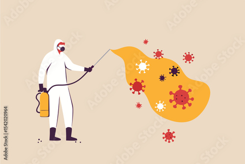 COVID-19 Coronavirus disinfect, clean and kill virus pathogen prevent outbreak spreading concept, worker with protective gear spray the cleaning sanitize chemical to disinfect COVID-19 virus pathogen