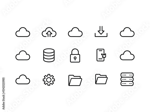 Cloud Computing Icons Set Black Line Art Upload Download Server Database Folder Security Gear vector