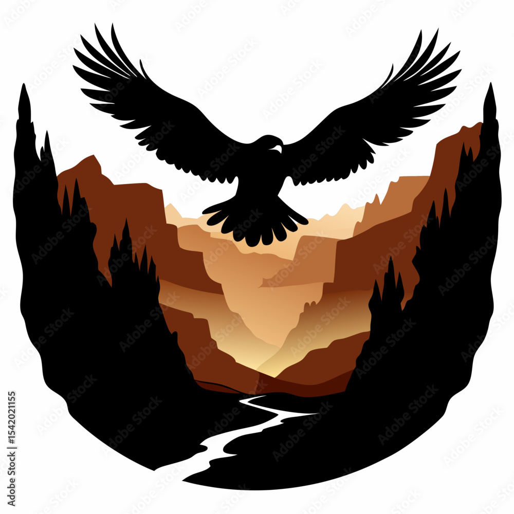 Obraz premium Eagle soaring over canyon landscape, black silhouette white background