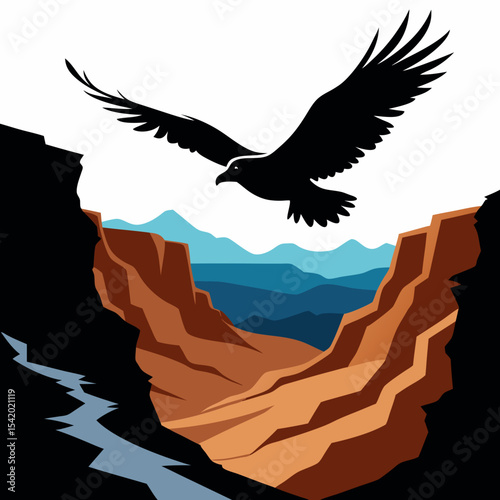 Eagle soaring over canyon landscape, black silhouette white background