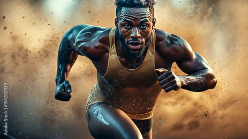 African american man runner sprinting on race track. Athlete strength and determination. Dynamic sport training. Fitness and competition concept footage.