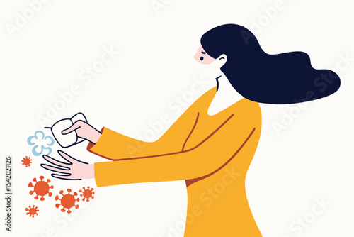 Washing hands to sanitize and disinfect COVID-19 Coronavirus pathogens from your hands concept, woman washing hands with alcohol gel or soap with bubbles and COVID-19 virus pathogen on her hands.