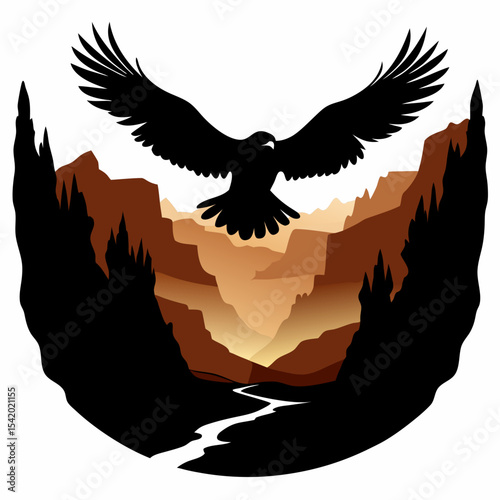 Eagle soaring over canyon landscape, black silhouette white background