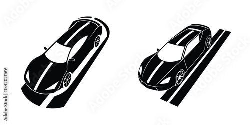 Aerodynamic Sports Car Top-Down View Gliding Along a Highway Silhouette on White Background