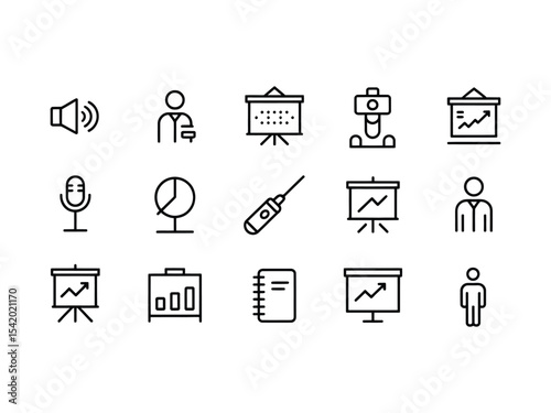 Collection of Black Line Icons for Presentation Business Meeting Seminar Speaker Microphone Charts Graphs Projector