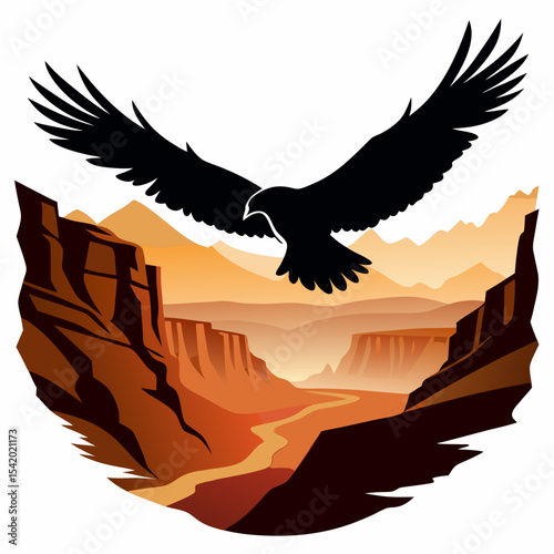 Eagle soaring over canyon landscape, black silhouette white background