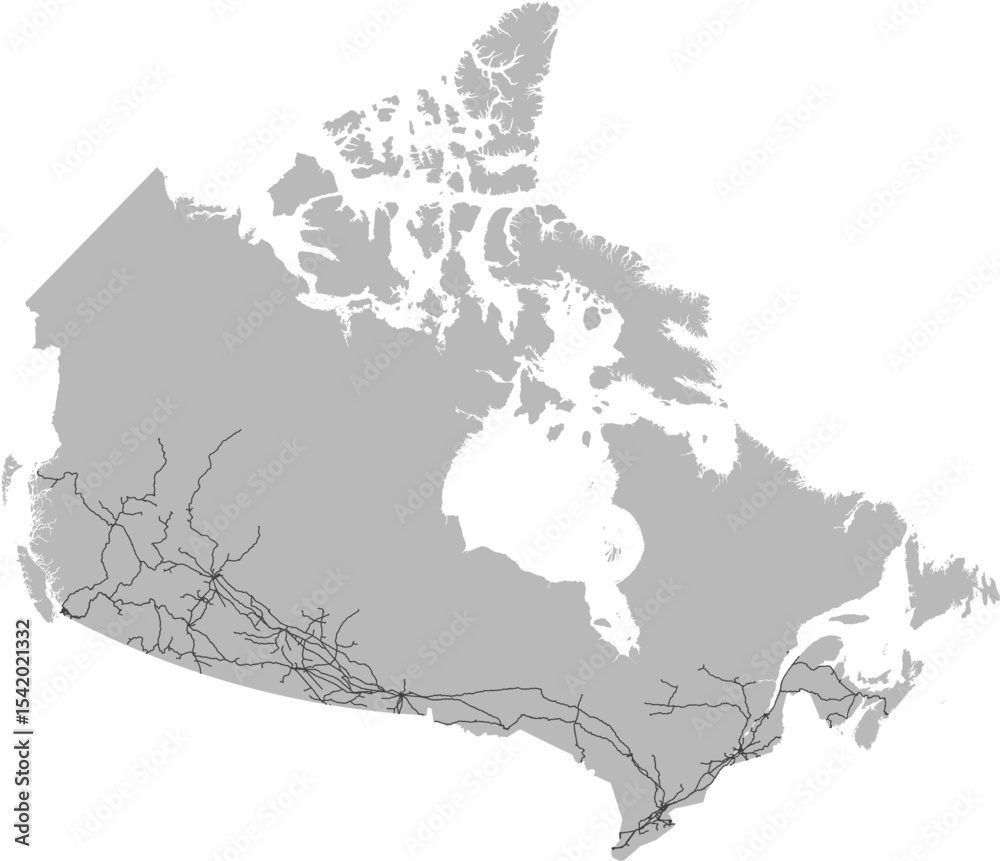 Fototapeta premium Canada vector map of the railway network with country boundary (Lambert Conformal Conic projection, PPT-compatible & fully editable)