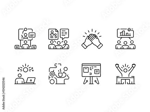 Eight Black Line Icons Depicting Teamwork Collaboration Communication Success and Ideas on White Background