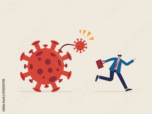 COVID-19 coronavirus outbreak destroy financial and business, virus world pandemic count down detonation concept, businessman run away from detonated counting down virus pathogen bomb.