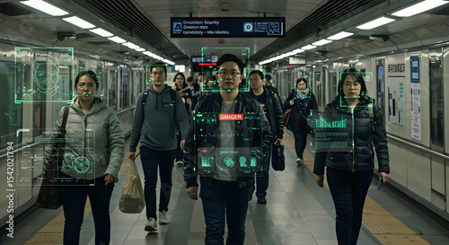 Artificial intelligence facial recognition system scanning people in metro station AGI ASI photo