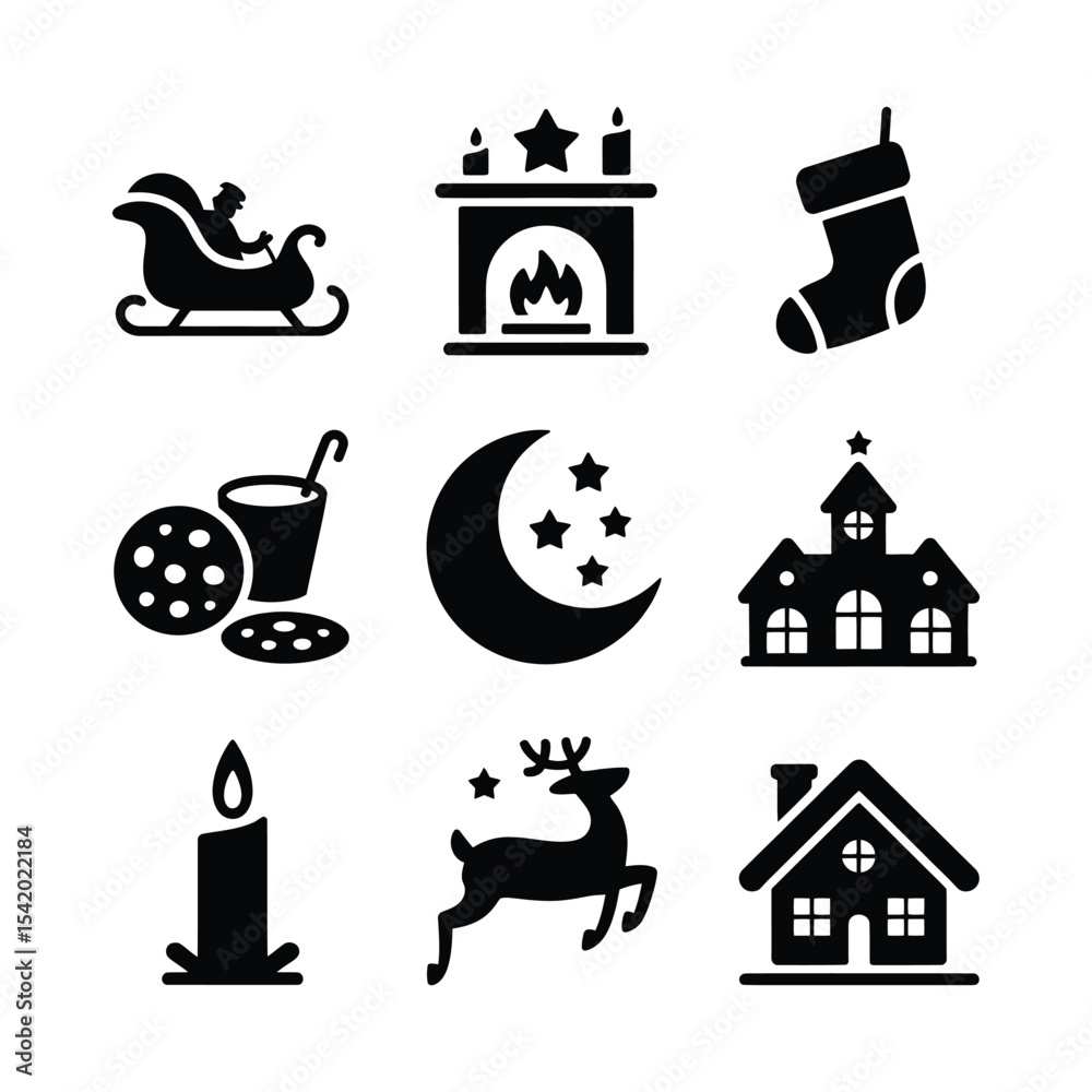 Fototapeta premium Nine Black Christmas Icons Set Santa Sleigh Fireplace Stocking Cookies Milk Moon Stars House Candle Reindeer