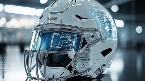 Close up of a football helmet with a transparent visor displaying digital data. Sport technology concept.