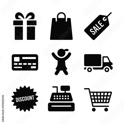 Nine Black Shopping Icons Gift Bag Sale Tag Credit Card Child Delivery Truck Discount Cash Register Shopping Cart