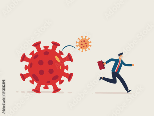 COVID-19 coronavirus outbreak destroy financial and business, virus world pandemic count down detonation concept, businessman run away from detonated counting down virus pathogen bomb.